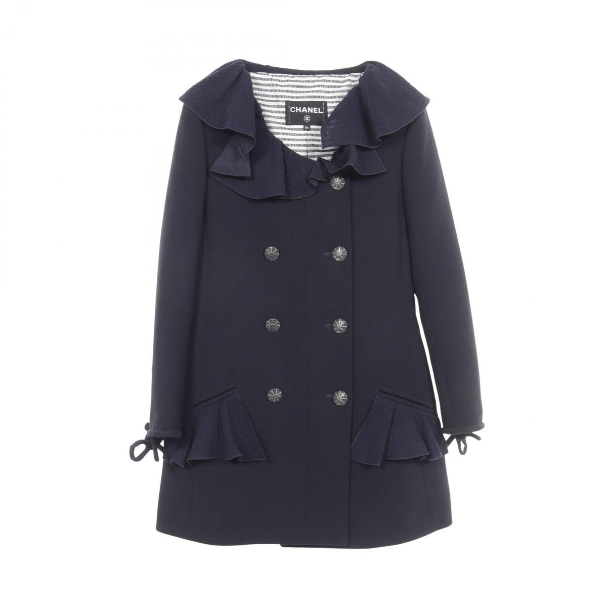 Chanel CC Logo Button Double Breasted Ruffle Wool Coat