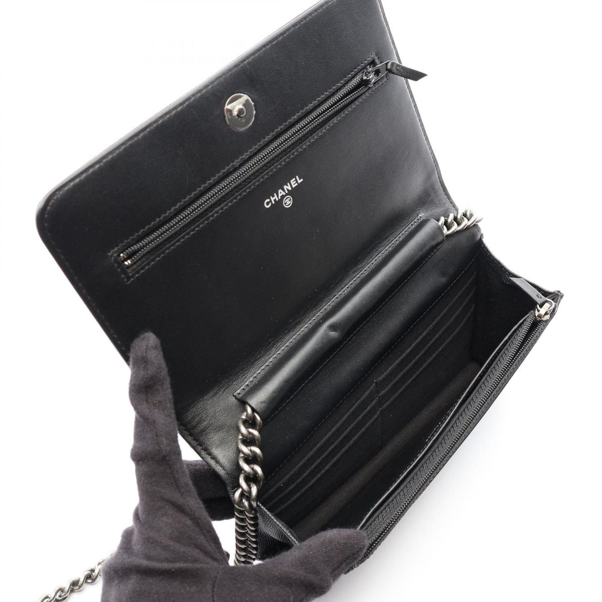Chanel Shoulder Bag Boy Quilted Black Caviar Leather Chain Wallet — view 3