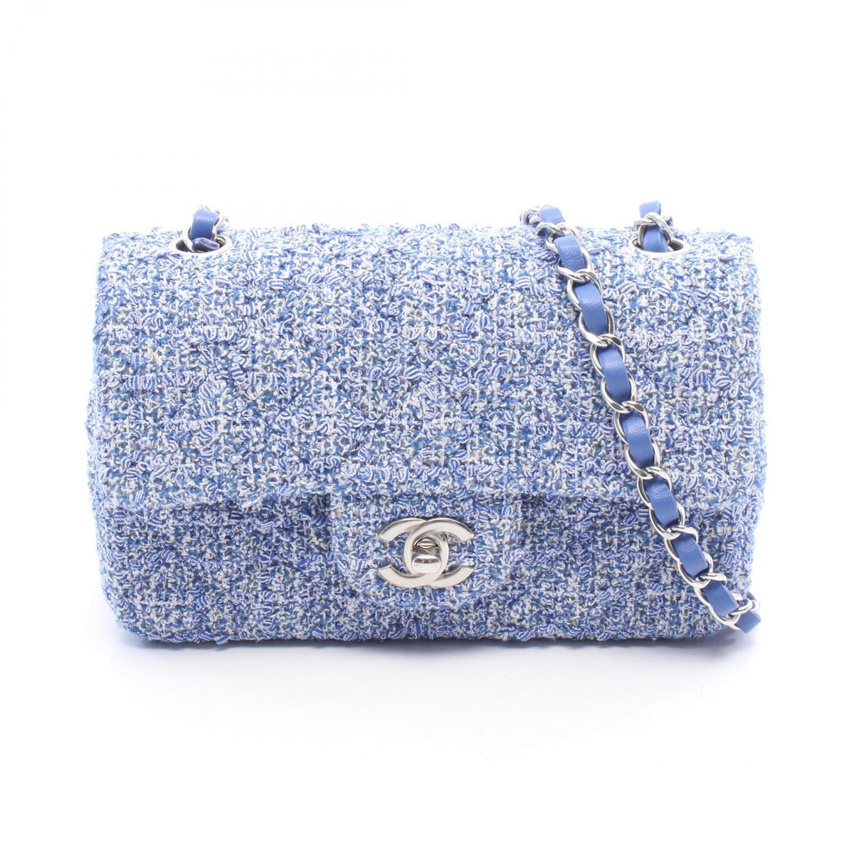 Chanel Shoulder Bag Mini Quilted 20 Blue White Fabric Leather Chain