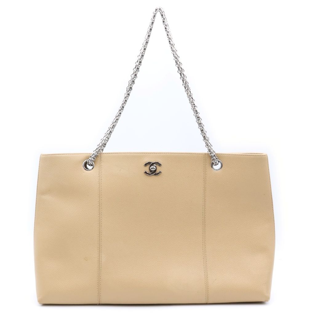 Chanel CC Logo Chain Tote Bag Beige Cabiskin Silver