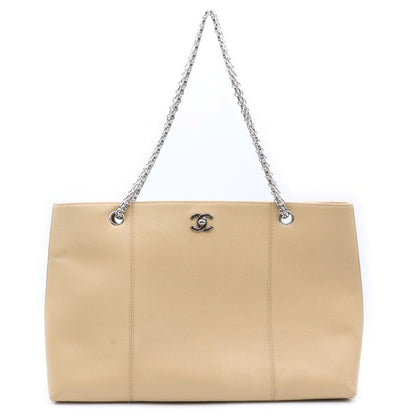 Chanel CC Logo Chain Tote Bag Beige Cabiskin Silver