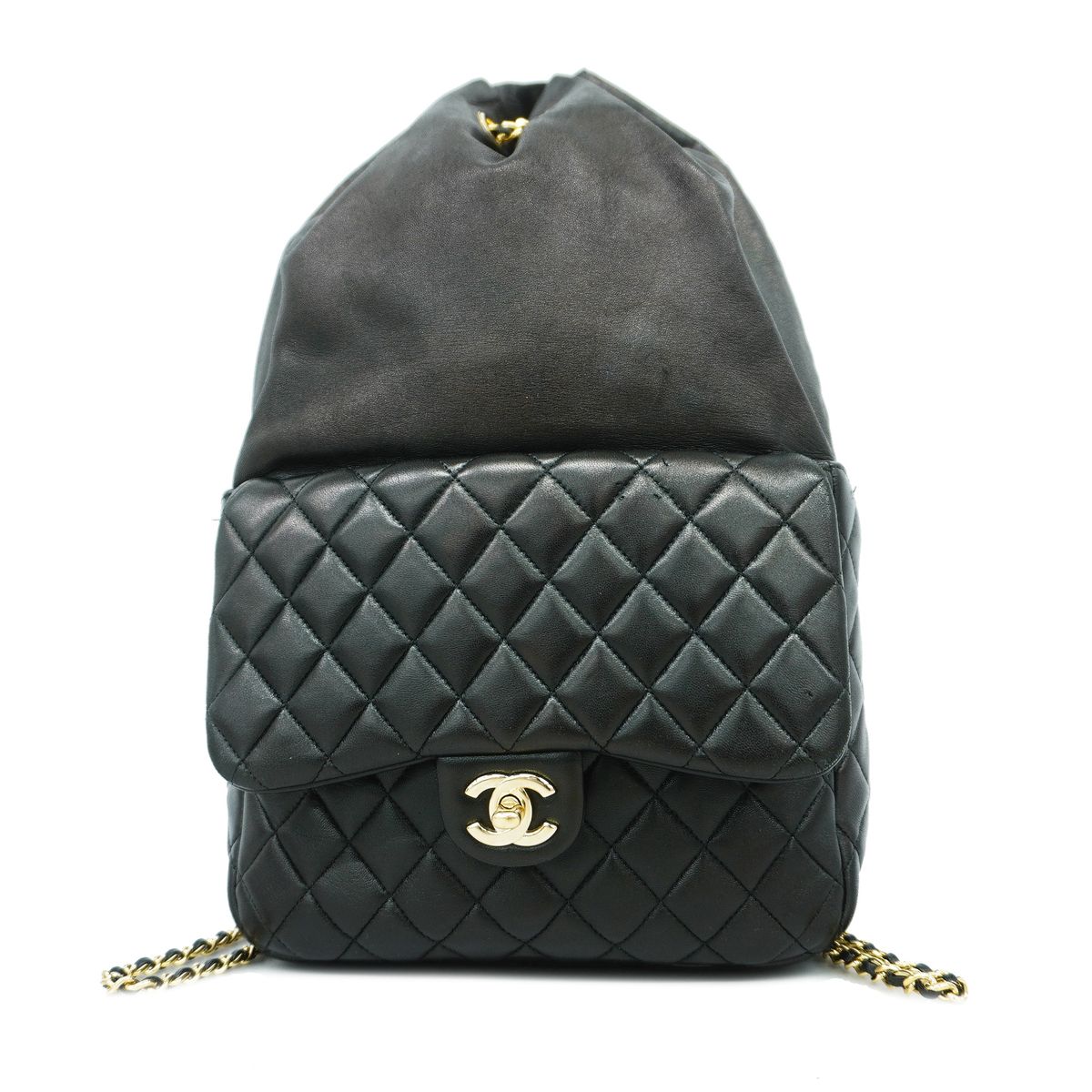 Chanel Backpack Quilted Lambskin Black Champagne Gold