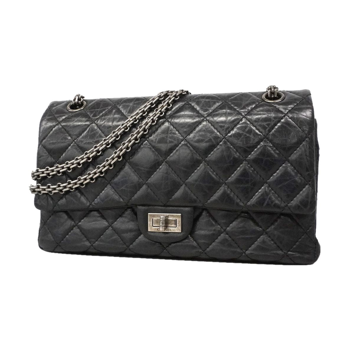 Chanel Shoulder Bag 2.55 Quilted Leather Black Silver