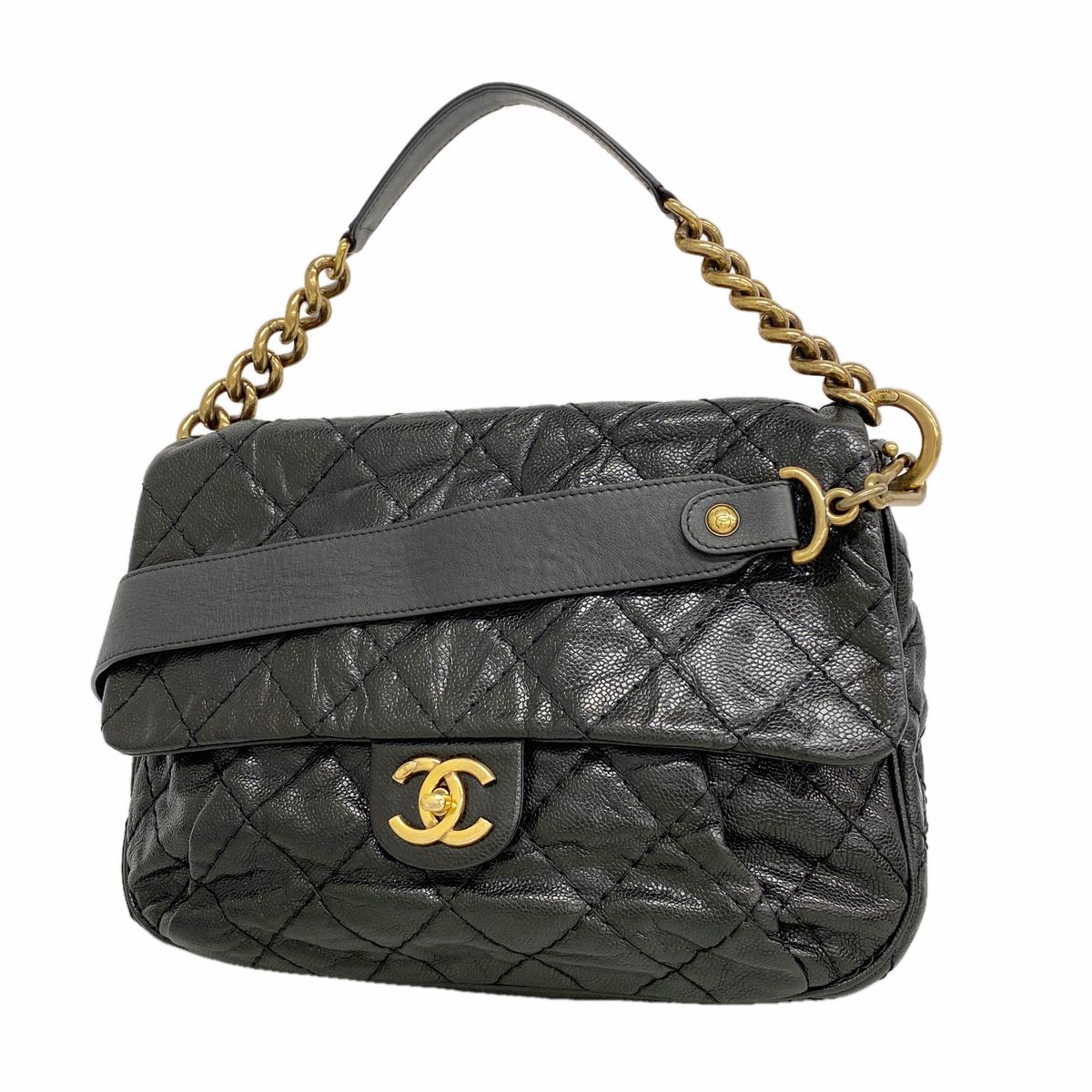 Chanel Shoulder Bag Quilted Caviar Leather Black Gold