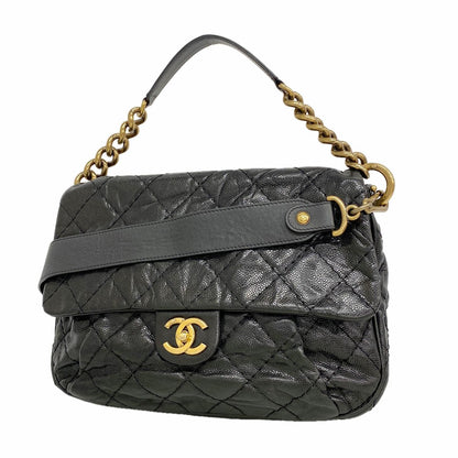 Chanel Shoulder Bag Quilted Caviar Leather Black Gold