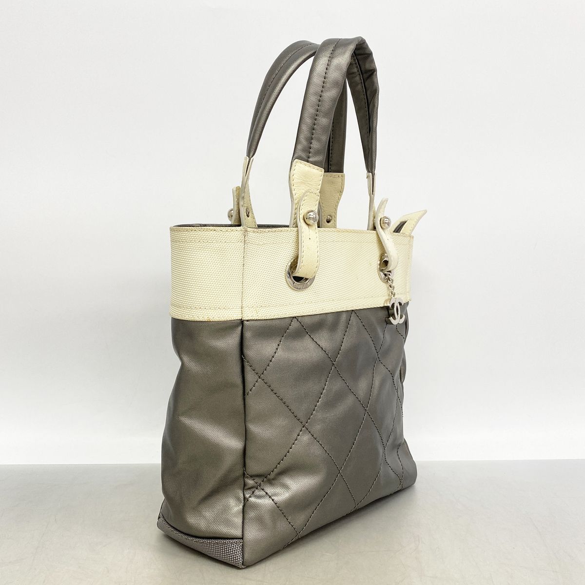 Chanel Tote Bag Paris Biarritz Canvas Silver Ivory — view 2