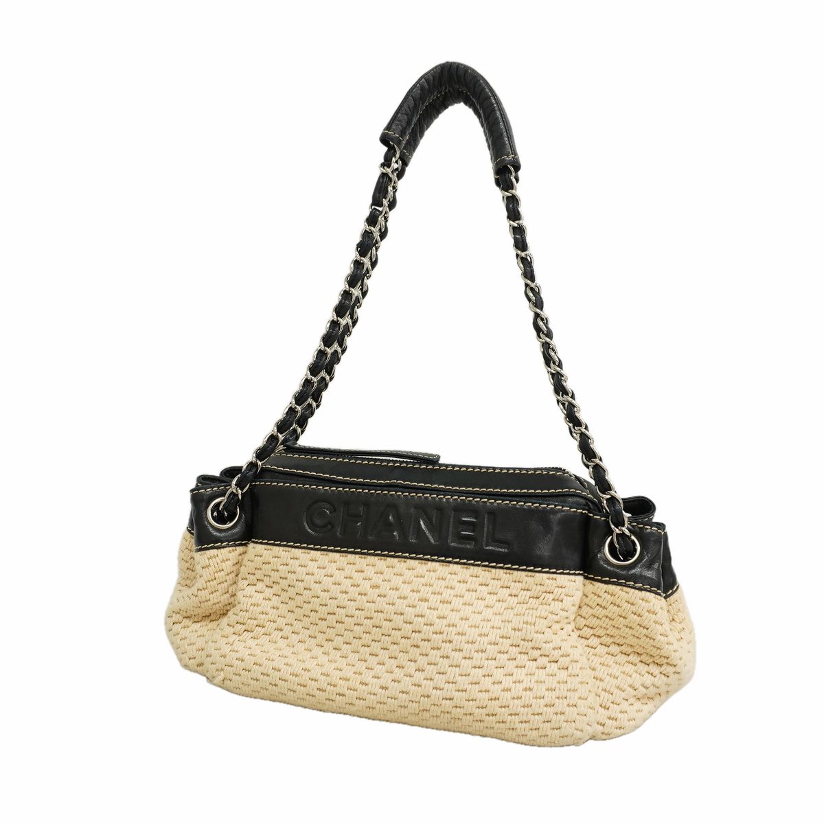 Chanel Shoulder Bag Canvas Beige Black Silver