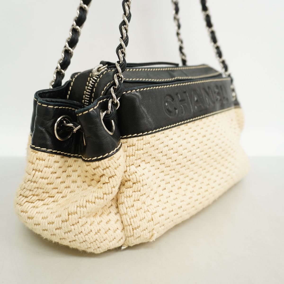 Chanel Shoulder Bag Canvas Beige Black Silver — view 2