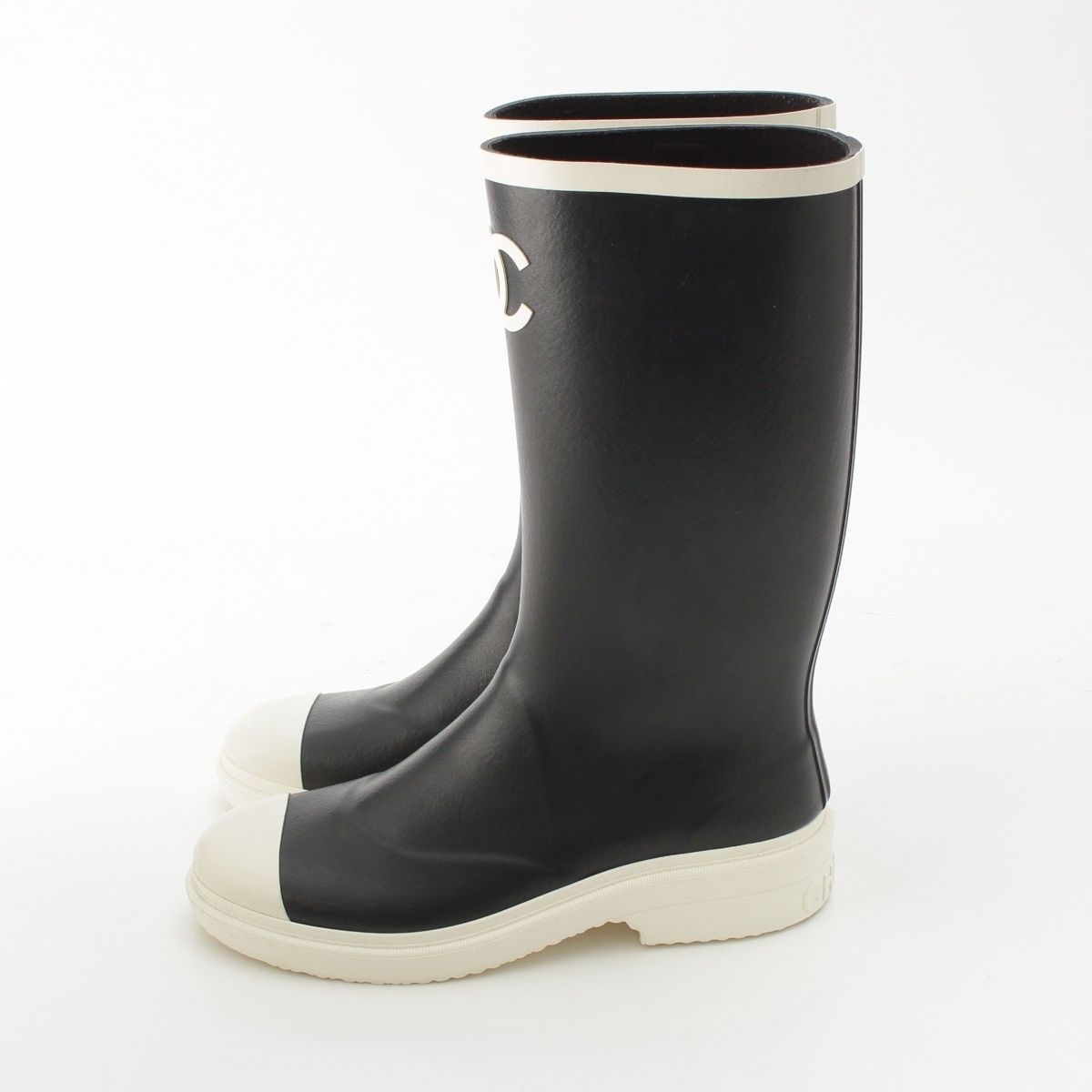 Chanel Rubber CC Logo Long Boots Rain Shoes Black White — view 3