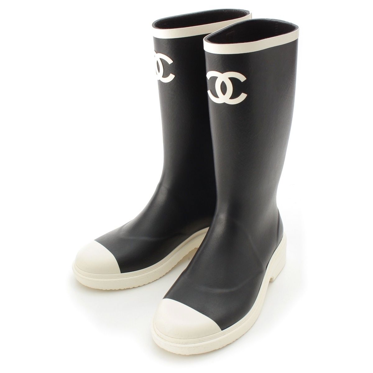 Chanel Rubber CC Logo Long Boots Rain Shoes Black White