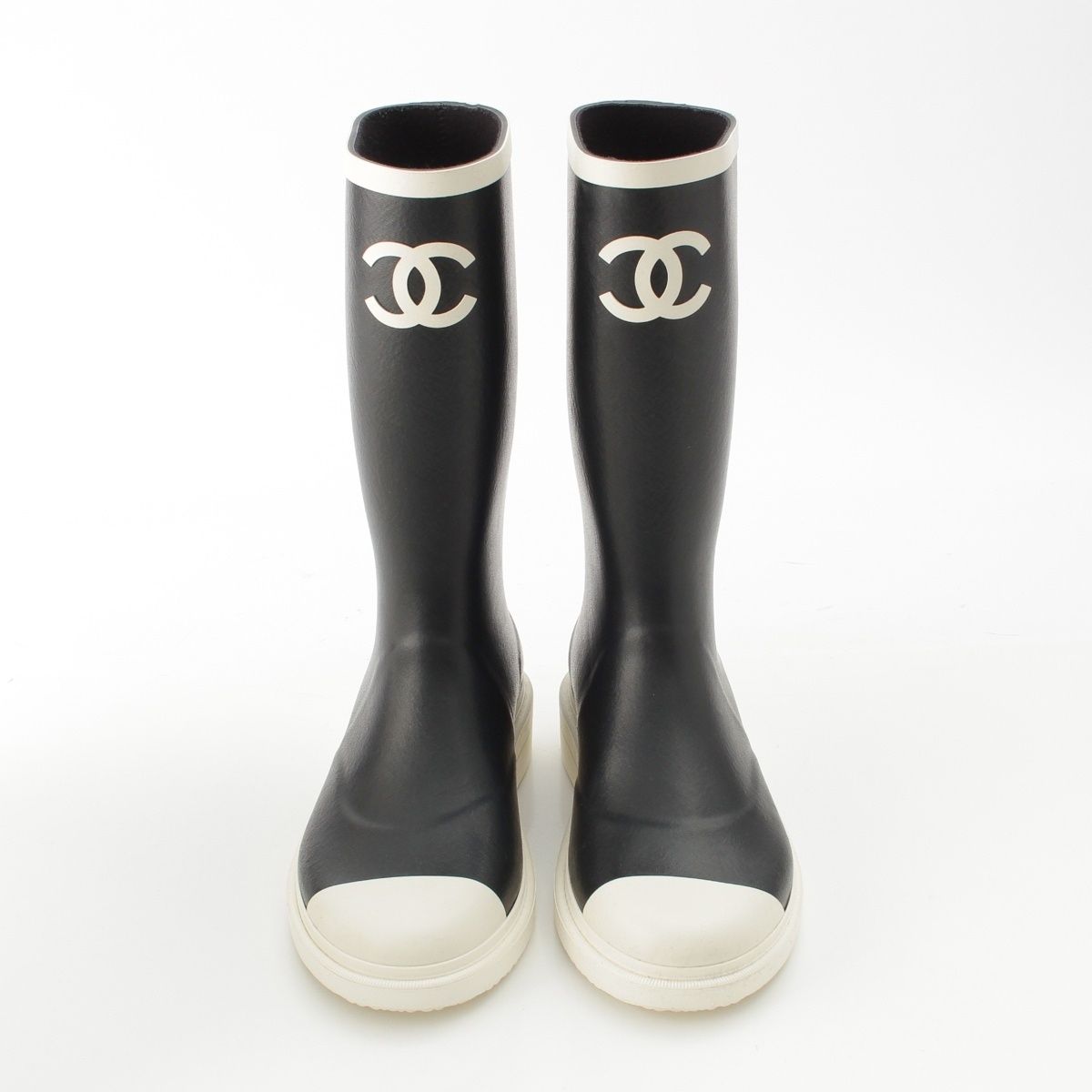 Chanel Rubber CC Logo Long Boots Rain Shoes Black White — view 2
