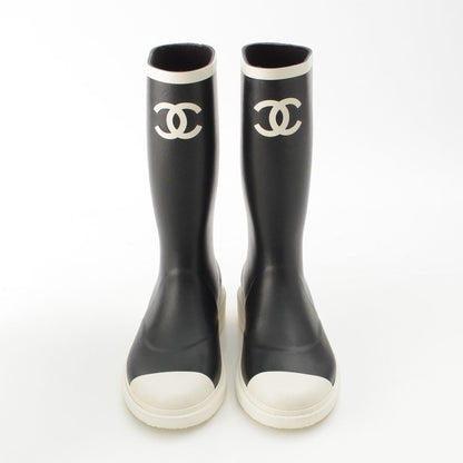 Chanel Rubber CC Logo Long Boots Rain Shoes Black White — view 2