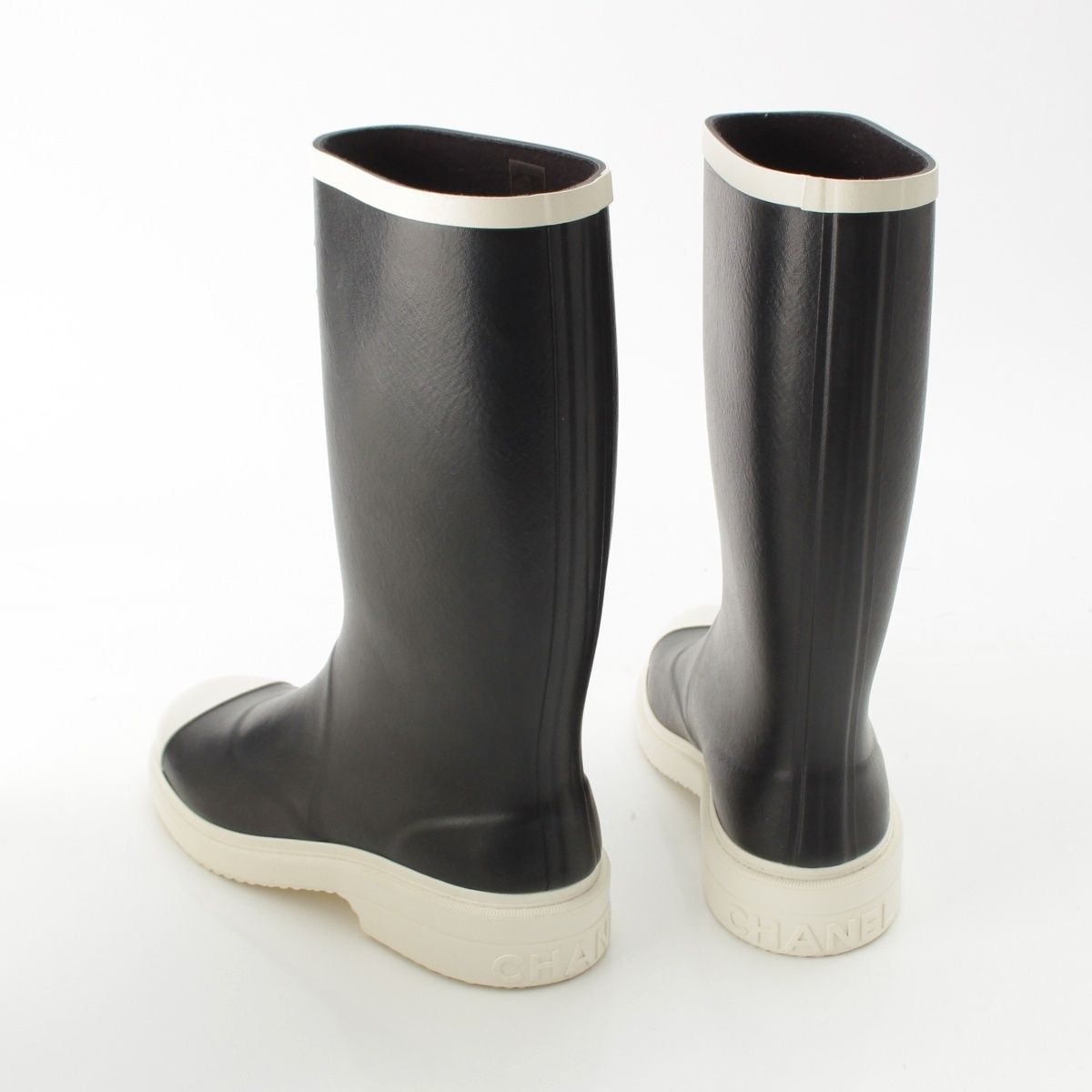 Chanel Rubber CC Logo Long Boots Rain Shoes Black White — view 4