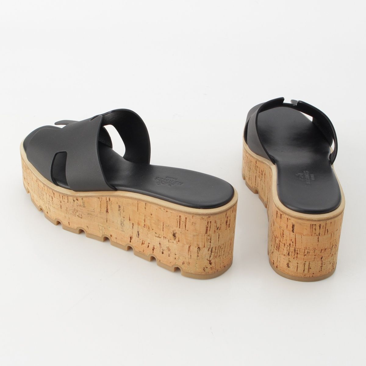 Hermes Eze Leather Rubber Cork Wedge Sole H Motif Sandals Black Brown — view 4