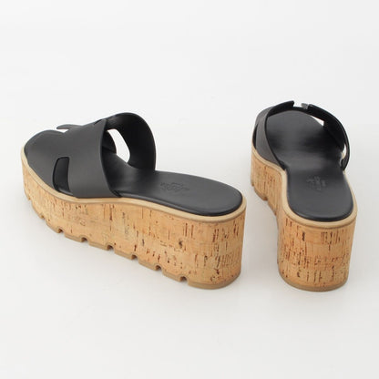Hermes Eze Leather Rubber Cork Wedge Sole H Motif Sandals Black Brown — view 4