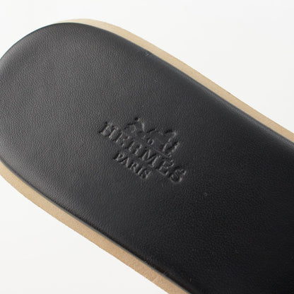 Hermes Eze Leather Rubber Cork Wedge Sole H Motif Sandals Black Brown — view 7