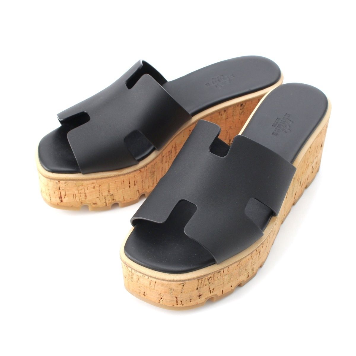 Hermes Eze Leather Rubber Cork Wedge Sole H Motif Sandals Black Brown