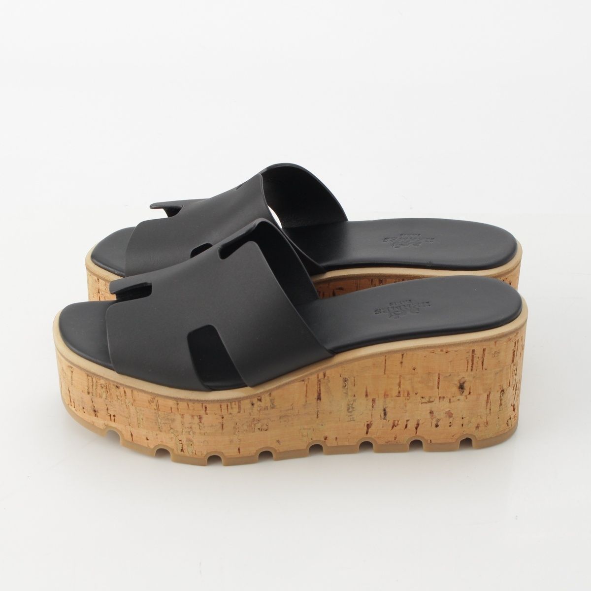 Hermes Eze Leather Rubber Cork Wedge Sole H Motif Sandals Black Brown — view 3