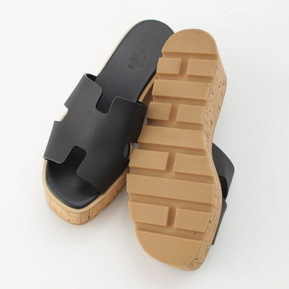 Hermes Eze Leather Rubber Cork Wedge Sole H Motif Sandals Black Brown — view 5