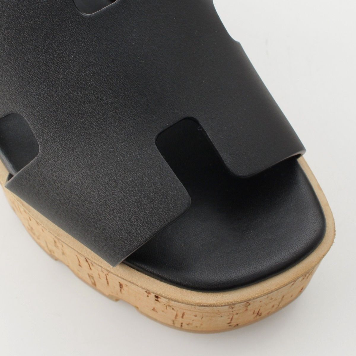 Hermes Eze Leather Rubber Cork Wedge Sole H Motif Sandals Black Brown — view 6