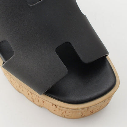 Hermes Eze Leather Rubber Cork Wedge Sole H Motif Sandals Black Brown — view 6