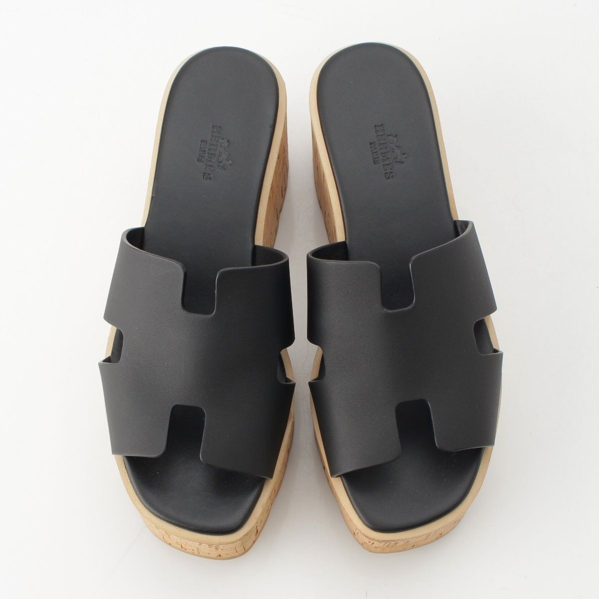 Hermes Eze Leather Rubber Cork Wedge Sole H Motif Sandals Black Brown — view 2