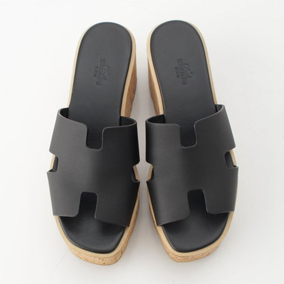 Hermes Eze Leather Rubber Cork Wedge Sole H Motif Sandals Black Brown — view 2