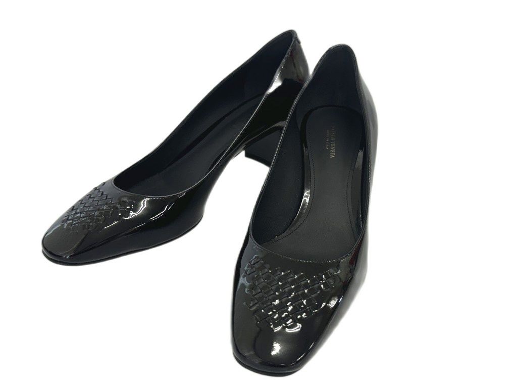 Bottega Veneta Scarpa Pelle S Cuoio Patent Leather Chunky Heel Pumps Black