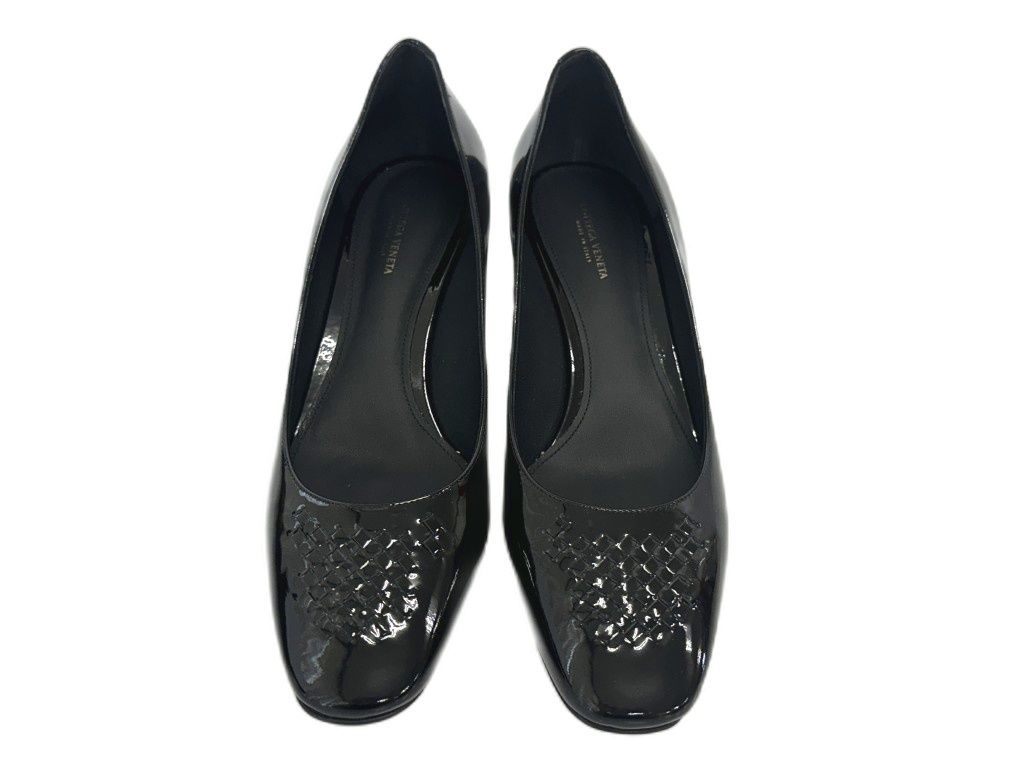 Bottega Veneta Scarpa Pelle S Cuoio Patent Leather Chunky Heel Pumps Black — view 2