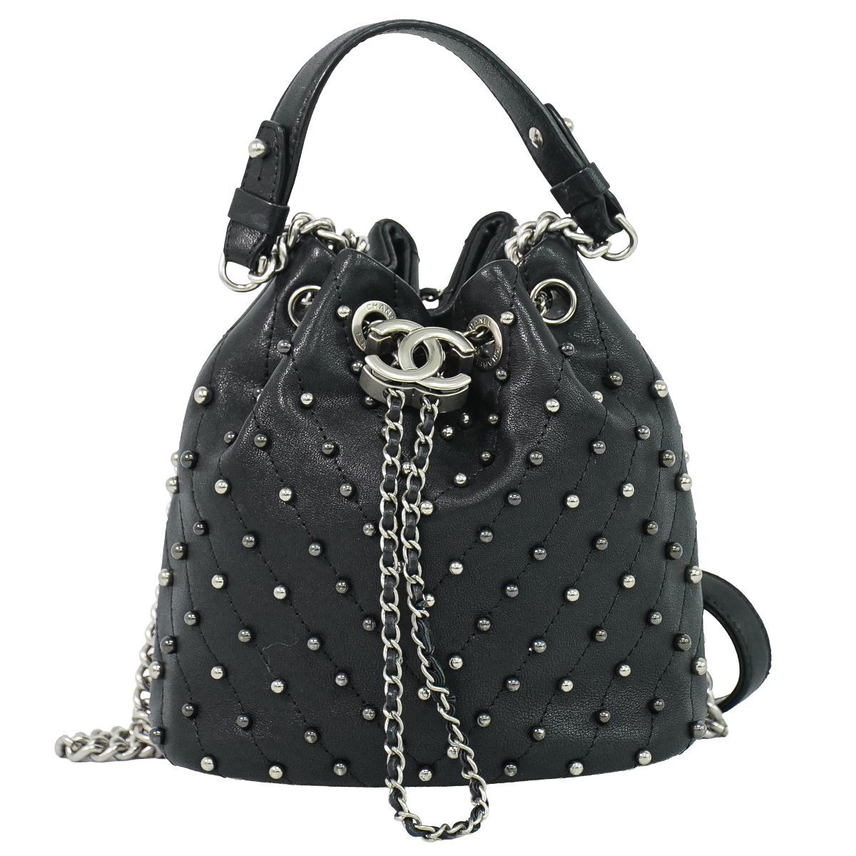 Chanel Studs V-stitch CC Logo Chain Drawstring Shoulder Bag Leather Black