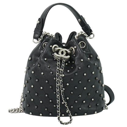 Chanel Studs V-stitch CC Logo Chain Drawstring Shoulder Bag Leather Black