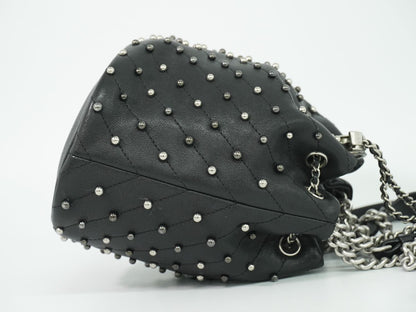 Chanel Studs V-stitch CC Logo Chain Drawstring Shoulder Bag Leather Black — view 4