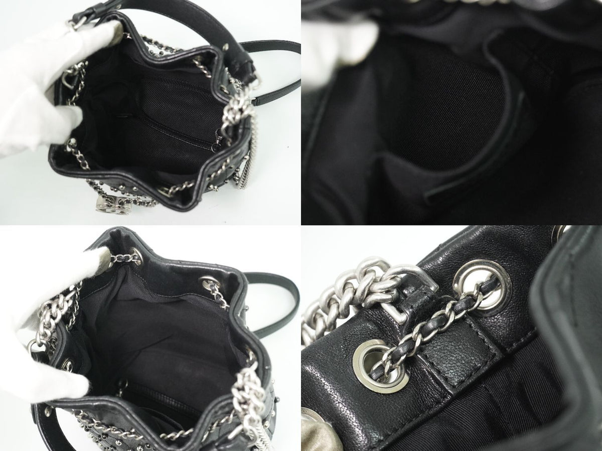 Chanel Studs V-stitch CC Logo Chain Drawstring Shoulder Bag Leather Black — view 8