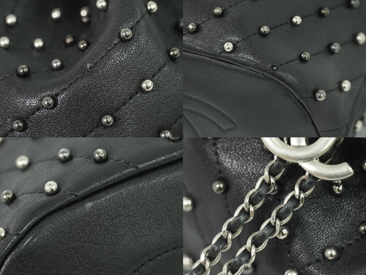 Chanel Studs V-stitch CC Logo Chain Drawstring Shoulder Bag Leather Black — view 7