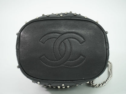 Chanel Studs V-stitch CC Logo Chain Drawstring Shoulder Bag Leather Black — view 3