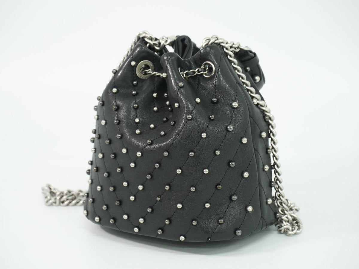 Chanel Studs V-stitch CC Logo Chain Drawstring Shoulder Bag Leather Black — view 2