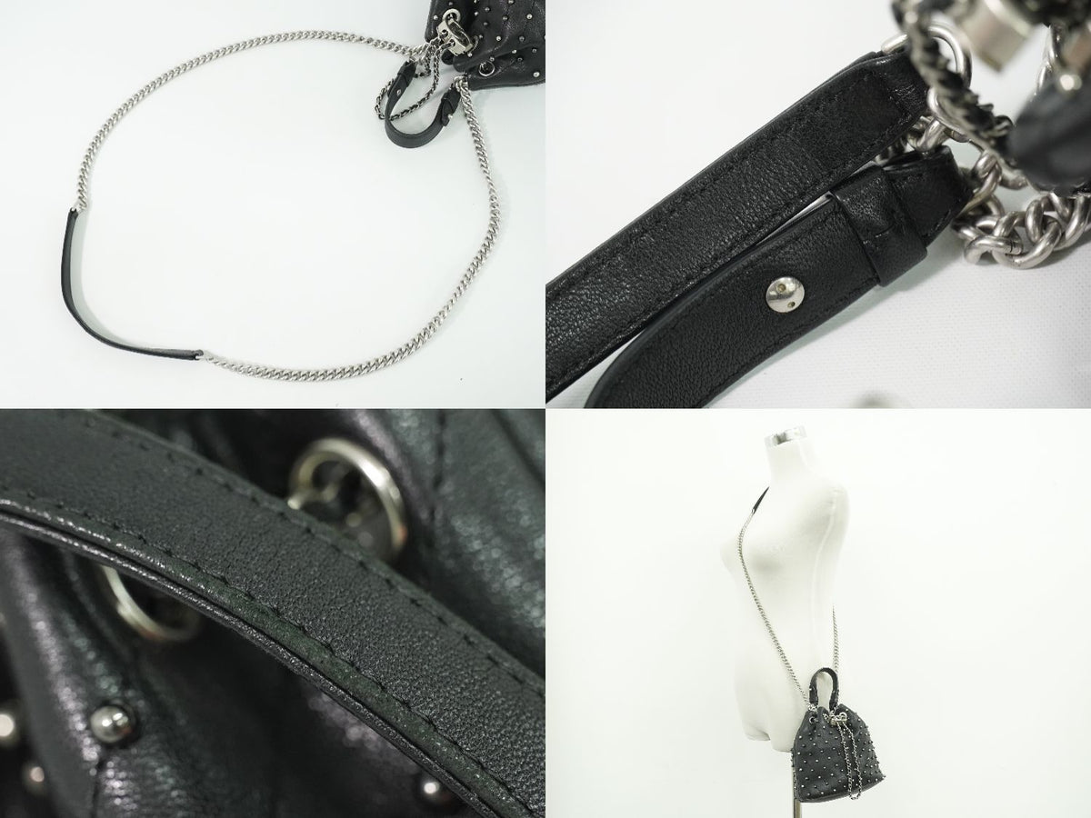 Chanel Studs V-stitch CC Logo Chain Drawstring Shoulder Bag Leather Black — view 6
