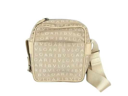 Bvlgari Shoulder Bag Logomania Beige Canvas Leather Silver