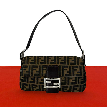 Fendi Vintage Zucca Pattern FF Logo Canvas Leather Handbag Bag Brown
