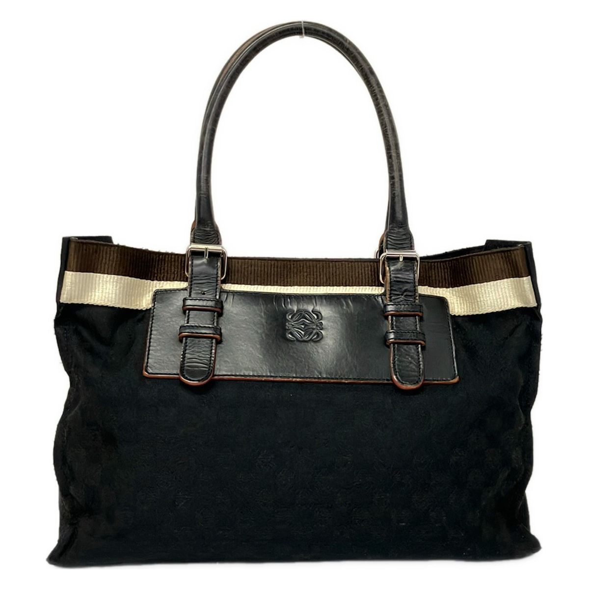 Loewe Tote Bag Anagram Pattern Black Dark Brown Ivory Leather