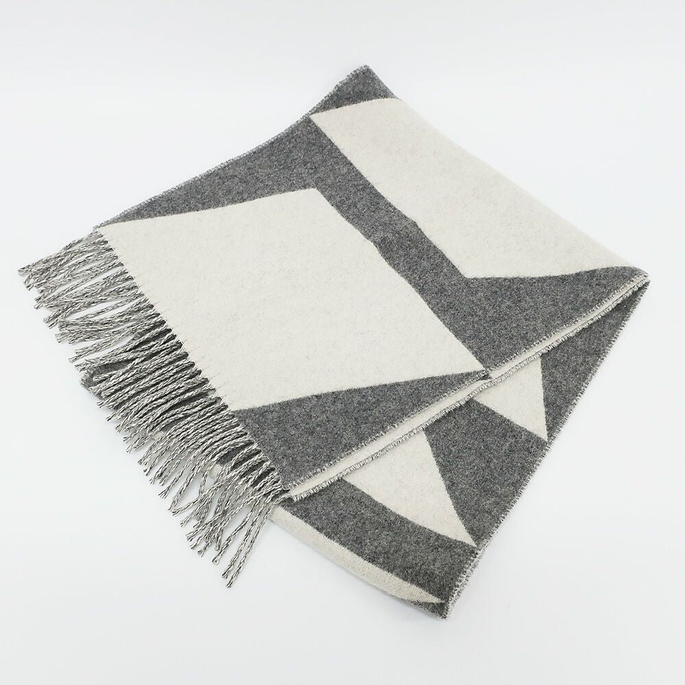Hermes Scarf Casaque Optic Cashmere Gray White Fringe Shawl — view 2
