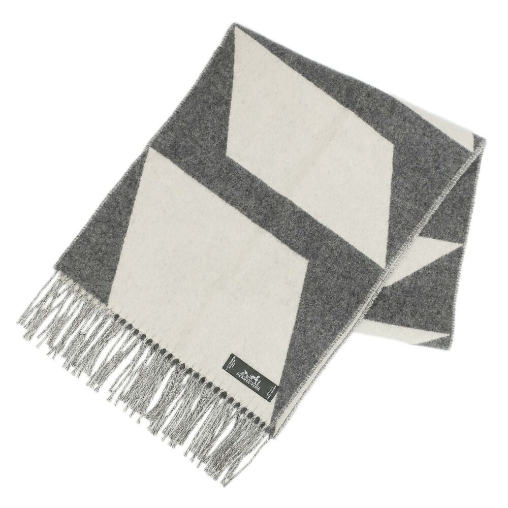 Hermes Scarf Casaque Optic Cashmere Gray White Fringe Shawl