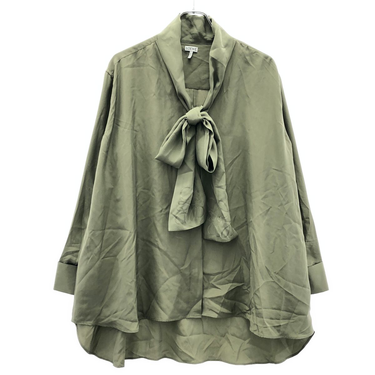 Loewe Anagram Embroidery V-neck Bow Tie Blouse Green 36