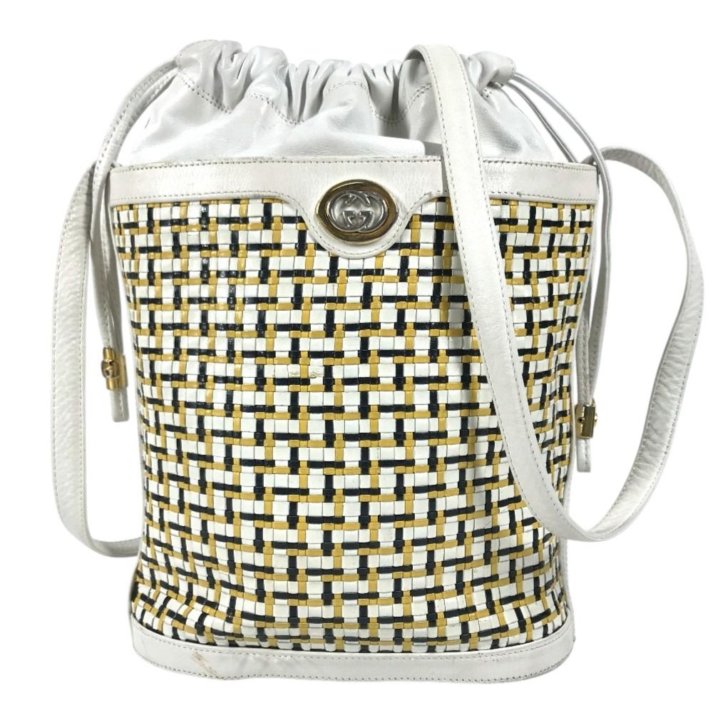 Gucci Shoulder Bag Logo Braided GG Drawstring Vintage Leather White