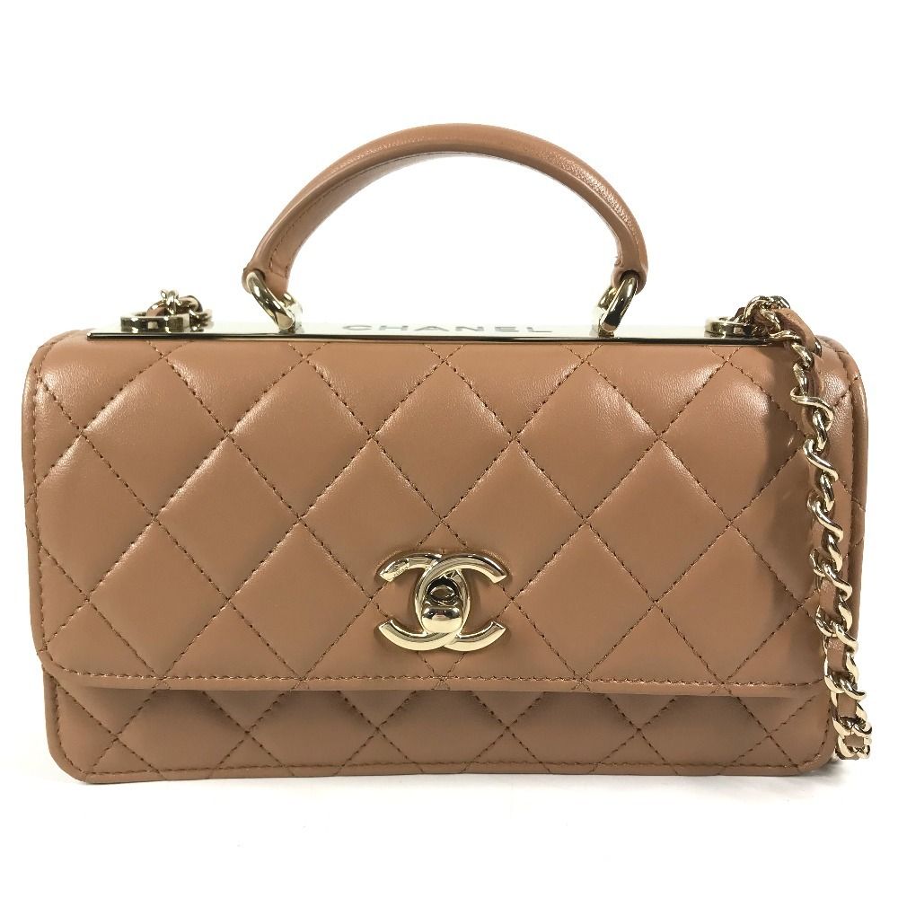 Chanel Handbag CC Logo Quilted Chain Wallet Lambskin Light Brown