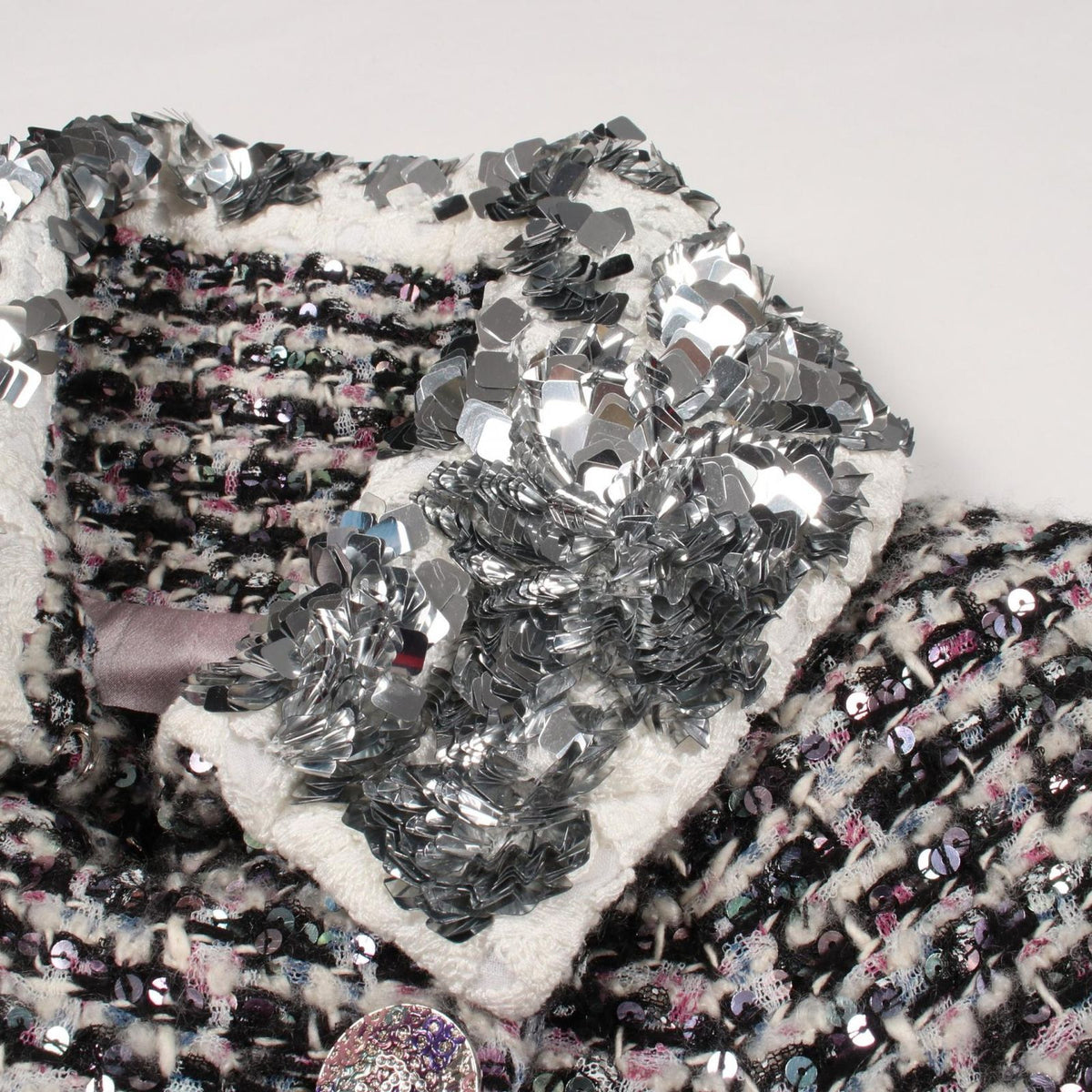 Chanel CC Logo Button Sequin Double Breasted Tweed Nylon Long Coat — view 8