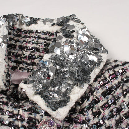 Chanel CC Logo Button Sequin Double Breasted Tweed Nylon Long Coat — view 8