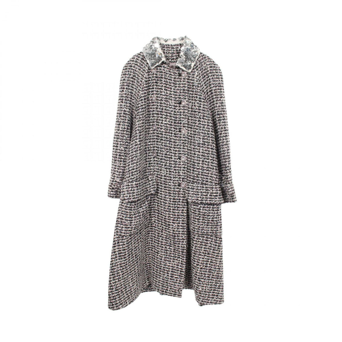 Chanel CC Logo Button Sequin Double Breasted Tweed Nylon Long Coat