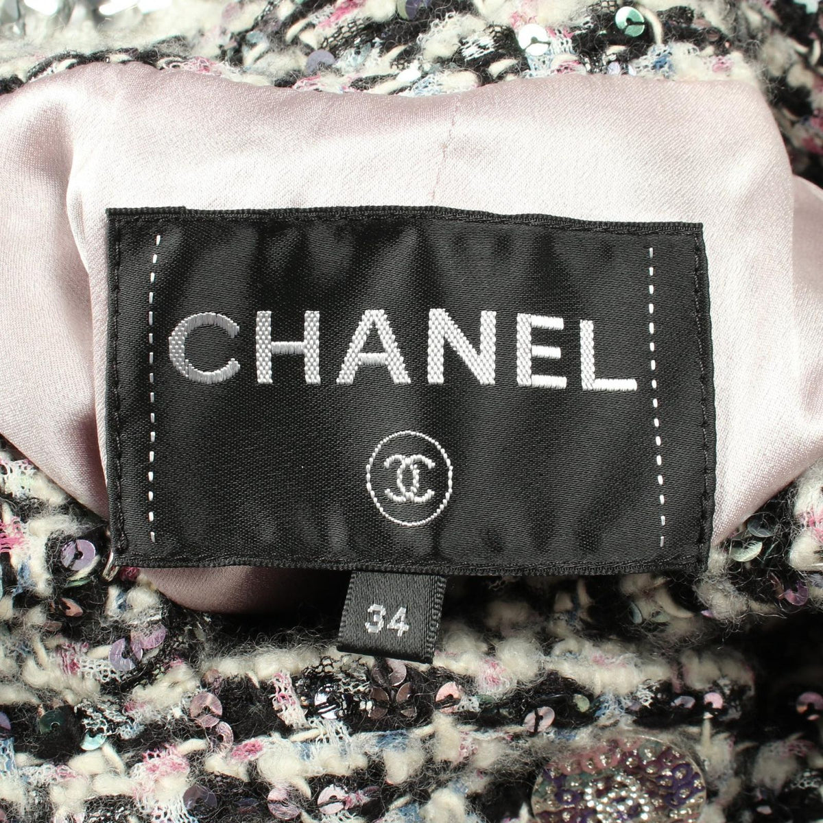 Chanel CC Logo Button Sequin Double Breasted Tweed Nylon Long Coat — view 3