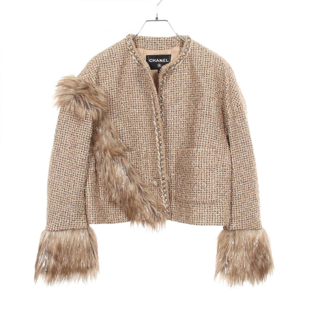 Chanel Collarless Jacket CC Logo Button Fur Short Tweed Wool